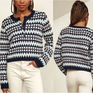 La Ligne Navy Wool Fair Isle Henley SweaterA